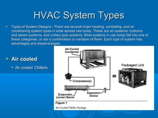 HVAC System Types
HVAC System Types
 Types of System Designs - There are several major heating, ventilating, and air
Types of System Designs - There are several major heating, ventilating, and air
conditioning system types in wide spread use today. These are air systems, hydronic
conditioning system types in wide spread use today. These are air systems, hydronic
and steam systems, and unitary type systems. Most systems in use today fall into one of
and steam systems, and unitary type systems. Most systems in use today fall into one of
these categories, or are a combination or variation of them. Each type of system has
these categories, or are a combination or variation of them. Each type of system has
advantages and disadvantages.
advantages and disadvantages.
 Air cooled
Air cooled
-
- Air cooled
Air cooled Chillers
Chillers
 