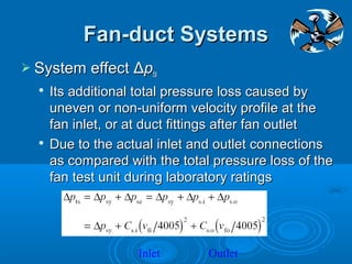 Fan-duct Systems
Fan-duct Systems
 System effect
System effect Δ
Δp
pts
ts

Its additional total pressure loss caused by
Its additional total pressure loss caused by
uneven or non-uniform velocity profile at the
uneven or non-uniform velocity profile at the
fan inlet, or at duct fittings after fan outlet
fan inlet, or at duct fittings after fan outlet

Due to the actual inlet and outlet connections
Due to the actual inlet and outlet connections
as compared with the total pressure loss of the
as compared with the total pressure loss of the
fan test unit during laboratory ratings
fan test unit during laboratory ratings
Inlet Outlet
 