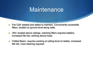 Maintenance
S Fan Coil- easiest and safest to maintain. Conveniently accessible
filters, located on ground level along walls.
S VAV- located above ceilings, reaching filters requires ladders,
increased fall risk, working above-head.
S Chilled Beam- requires working at ceiling level on ladder, increased
fall risk, most cleaning required.
 