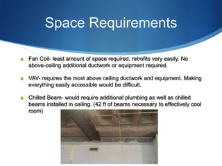 Space Requirements
S Fan Coil- least amount of space required, retrofits very easily. No
above-ceiling additional ductwork or equipment required.
S VAV- requires the most above ceiling ductwork and equipment. Making
everything easily accessible would be difficult.
S Chilled Beam- would require additional plumbing as well as chilled
beams installed in ceiling. (42 ft of beams necessary to effectively cool
room)
 