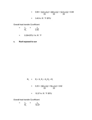 =   0.68 + 12.5 x 0.2 + 230 x 0.2 + 12.5 x 0.2 + 0.68
                                          25          25           25

                            =   3.40 hr. ft2. °F /BTU


Overall heat transfer Co-efficient
       =      1_        =         1_
              RT                3.40


       =      0.294 BTU / hr. ft2. °F


c.     Roof exposed to sun




                   RT       =   R i + X1 R 1 + X2 R 2 + R i


                            =   0.25 + 150 x 0.2 + 50 x 4.0 + 0.92
                                          25          25

                            =   10.37 hr. ft2. °F /BTU


Overall heat transfer Co-efficient
       =      1_        =        1_
              RT                10.37
 
