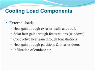 Cooling Load Components
• External loads
• Heat gain through exterior walls and roofs
• Solar heat gain through fenestrations (windows)
• Conductive heat gain through fenestrations
• Heat gain through partitions & interior doors
• Infiltration of outdoor air
 