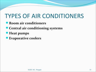 TYPES OF AIR CONDITIONERS
Room air conditioners
Central air conditioning systems
Heat pumps
Evaporative coolers
EGEE 102 - Pisupati 53
 