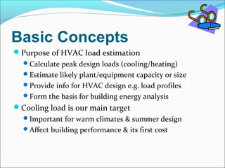 Basic Concepts
Purpose of HVAC load estimation
Calculate peak design loads (cooling/heating)
Estimate likely plant/equipment capacity or size
Provide info for HVAC design e.g. load profiles
Form the basis for building energy analysis
Cooling load is our main target
Important for warm climates & summer design
Affect building performance & its first cost
 