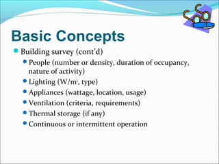 Basic Concepts
Building survey (cont’d)
People (number or density, duration of occupancy,
nature of activity)
Lighting (W/m2
, type)
Appliances (wattage, location, usage)
Ventilation (criteria, requirements)
Thermal storage (if any)
Continuous or intermittent operation
 