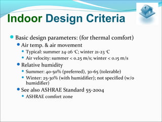 Indoor Design Criteria
Basic design parameters: (for thermal comfort)
Air temp. & air movement
 Typical: summer 24-26 o
C; winter 21-23 o
C
 Air velocity: summer < 0.25 m/s; winter < 0.15 m/s
Relative humidity
 Summer: 40-50% (preferred), 30-65 (tolerable)
 Winter: 25-30% (with humidifier); not specified (w/o
humidifier)
See also ASHRAE Standard 55-2004
 ASHRAE comfort zone
 