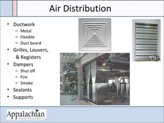 Air Distribution
• Ductwork
– Metal
– Flexible
– Duct board
• Grilles, Louvers,
& Registers
• Dampers
– Shut off
– Fire
– Smoke
• Sealants
• Supports
 