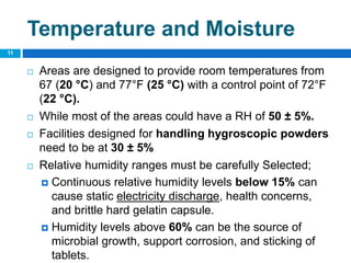  Areas are designed to provide room temperatures from
67 (20 °C) and 77°F (25 °C) with a control point of 72°F
(22 °C).
 While most of the areas could have a RH of 50 ± 5%.
 Facilities designed for handling hygroscopic powders
need to be at 30 ± 5%
 Relative humidity ranges must be carefully Selected;
 Continuous relative humidity levels below 15% can
cause static electricity discharge, health concerns,
and brittle hard gelatin capsule.
 Humidity levels above 60% can be the source of
microbial growth, support corrosion, and sticking of
tablets.
11
Temperature and Moisture
 