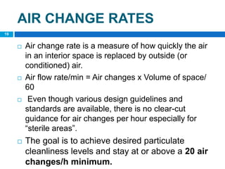 AIR CHANGE RATES
 Air change rate is a measure of how quickly the air
in an interior space is replaced by outside (or
conditioned) air.
 Air flow rate/min = Air changes x Volume of space/
60
 Even though various design guidelines and
standards are available, there is no clear-cut
guidance for air changes per hour especially for
“sterile areas”.
 The goal is to achieve desired particulate
cleanliness levels and stay at or above a 20 air
changes/h minimum.
19
 