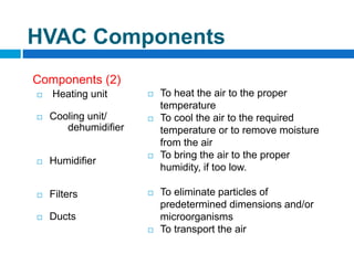  Heating unit
 Cooling unit/
dehumidifier
 Humidifier
 Filters
 Ducts
 To heat the air to the proper
temperature
 To cool the air to the required
temperature or to remove moisture
from the air
 To bring the air to the proper
humidity, if too low.
 To eliminate particles of
predetermined dimensions and/or
microorganisms
 To transport the air
Components (2)
HVAC Components
 