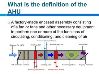 What is the definition of the
AHU
 A factory-made encased assembly consisting
of a fan or fans and other necessary equipment
to perform one or more of the functions of
circulating, conditioning, and cleaning of air
 