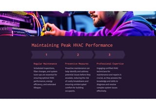 Maintaining Peak HVAC Performance
Regular Maintenance
Scheduled inspections,
filter changes, and system
tune-ups are essential for
ensuring optimal HVAC
performance, energy
efficiency, and extended
lifespan.
Preventive Measures
Proactive maintenance can
help identify and address
potential issues before they
escalate, reducing the risk
of costly breakdowns and
ensuring uninterrupted
comfort for building
occupants.
Professional Expertise
Engaging certified HVAC
technicians for
maintenance and repairs is
crucial, as they possess the
knowledge and skills to
diagnose and resolve
complex system issues
effectively.
 
