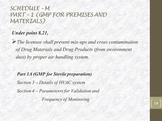 SCHEDULE – M
PART – 1 (GMP FOR PREMISES AND
MATERIALS)
Under point 8.21,
➢The licensee shall prevent mix-ups and cross contamination
of Drug Materials and Drug Products (from environment
dust) by proper air handling system.
Part 1A (GMP for Sterilepreparation)
Section3 – Details of HVAC system
Section4 – Parameterrsfor Validation and
Frequencyof Monitoring
14
 