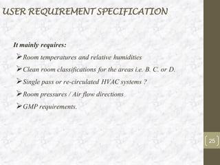 USER REQUIREMENT SPECIFICATION
It mainly requires:
➢Room temperatures and relative humidities
➢Clean room classifications for the areas i.e. B. C. or D.
➢Single pass or re-circulated HVAC systems ?
➢Room pressures / Air flow directions
➢GMP requirements.
25
 