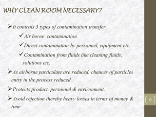 WHY CLEAN ROOM NECESSARY?
➢It controls 3 types of contamination transfer
✓Air borne contamination
✓Direct contamination by personnel, equipment etc.
✓Contamination from fluids like cleaning fluids,
solutions etc.
➢As airborne particulate are reduced, chances of particles
entry in the process reduced.
➢Protects product, personnel & environment.
➢Avoid rejection thereby heavy losses in terms of money &
time
5
 