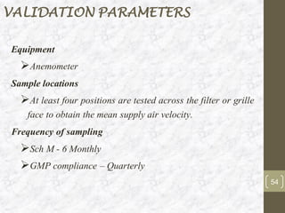 Equipment
➢Anemometer
Sample locations
➢At least four positions are tested across the filter or grille
face to obtain the mean supply air velocity.
Frequency of sampling
➢Sch M - 6 Monthly
➢GMP compliance – Quarterly
54
VALIDATION PARAMETERS
 