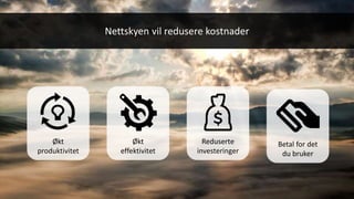 Nettskyen vil redusere kostnader
Økt
produktivitet
Reduserte
investeringer
Økt
effektivitet
Betal for det
du bruker
 