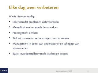 Elke dag weer verbeteren
Wat is hiervoor nodig:
• Erkennen dat problemen zich voordoen
• Mentaliteit om het steeds beter te doen
• Procesgericht denken
• Tijd vrij maken om verbeteringen door te voeren
• Management in de rol van ondersteuner en schepper van
voorwaarden
• Basis:tevredenstellen van de student en docent
Lectoraat Lean / WCP 23
 
