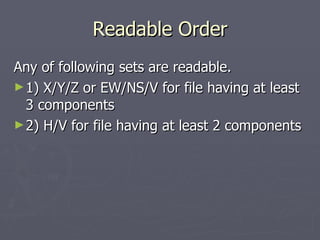 Readable Order Any of following sets are readable. 1) X/Y/Z or EW/NS/V for file having at least 3 components 2) H/V for file having at least 2 components 