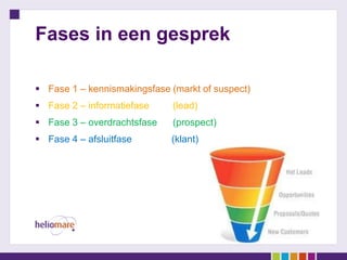 Fases in een gesprek

 Fase 1 – kennismakingsfase (markt of suspect)
 Fase 2 – informatiefase     (lead)
 Fase 3 – overdrachtsfase    (prospect)
 Fase 4 – afsluitfase       (klant)
 