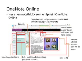 OneNote Online
• Her er en notatblokk som er åpnet i OneNote
Online
Inndelinger/skilleark Sider (ark) i inndelingen (bak
gjeldende skilleark)
Side (ark)
Søkefelt
Powerpoint-
presentasjon
må lastes ned
for å åpnes
Skjerm-
utklipp
som er
satt inn på
siden
Trykk her for å redigere denne notatblokka i
skrivebordsutgaven av OneNote
 