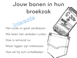 Jouw banen in hun
         broekzak

Het oude cv gaat verdwijnen
We laten het verleden rusten
Hoe is iemand nu
Waar liggen zijn interesses
Hoe wil hij zich ontwikkelen
 