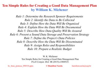Ten Simple Rules for Creating a Good Data Management Plan
by William K. Michener
Rule 1: Determine the Research Sponsor Re...