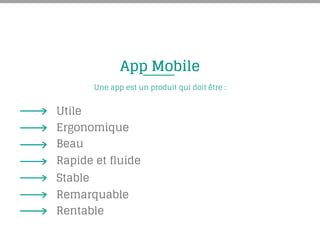 App Mobile
Une app est un produit qui doit être :
Utile
Ergonomique
Beau
Rapide et fluide
Stable
Remarquable
Rentable
 