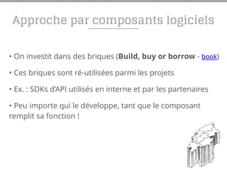 Approche par composants logiciels
• On investit dans des briques (Build, buy or borrow - book)
• Ces briques sont ré-utilisées parmi les projets
• Ex. : SDKs d’API utilisés en interne et par les partenaires
• Peu importe qui le développe, tant que le composant
remplit sa fonction !
 