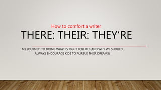 THERE: THEIR: THEY’RE
MY JOURNEY TO DOING WHAT IS RIGHT FOR ME! (AND WHY WE SHOULD
ALWAYS ENCOURAGE KIDS TO PURSUE THEIR DREAMS)
How to comfort a writer
 