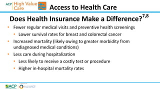 Does Health Insurance Make a Difference?
7,8
• Fewer regular medical visits and preventive health screenings
• Lower survival rates for breast and colorectal cancer
• Increased mortality (likely owing to greater morbidity from
undiagnosed medical conditions)
• Less care during hospitalization
• Less likely to receive a costly test or procedure
• Higher in-hospital mortality rates
Access to Health Care
 
