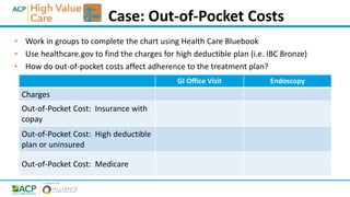 • Work in groups to complete the chart using Health Care Bluebook
• Use healthcare.gov to find the charges for high deductible plan (i.e. IBC Bronze)
• How do out-of-pocket costs affect adherence to the treatment plan?
GI Office Visit Endoscopy
Charges
Out-of-Pocket Cost: Insurance with
copay
Out-of-Pocket Cost: High deductible
plan or uninsured
Out-of-Pocket Cost: Medicare
Case: Out-of-Pocket Costs
 