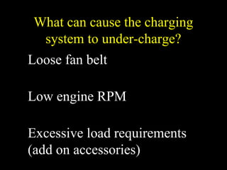What can cause the charging
system to under-charge?
Loose fan belt
Low engine RPM
Excessive load requirements
(add on accessories)
 