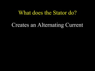 What does the Stator do?
Creates an Alternating Current
 