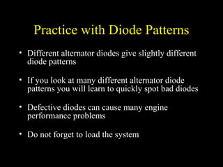 Practice with Diode Patterns
• Different alternator diodes give slightly different
diode patterns
• If you look at many different alternator diode
patterns you will learn to quickly spot bad diodes
• Defective diodes can cause many engine
performance problems
• Do not forget to load the system
 