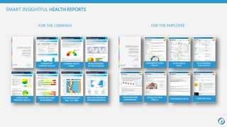 FOR THE COMPANY FOR THE EMPLOYEE
SMART INSIGHTFUL HEALTH REPORTS
OVERVIEW OF
YOUR HEALTH
YOUR CLINICAL
DATA
YOUR PERSONAL
HEALTH DATA
YOUR RISKS AND
MANAGEMENT
DETAILS OF YOUR
HEALTH YOUR MEDICAL PLAN YOUR DIET PLAN
SUMMARY OF
COMPANY HEALTH
COMPANY HEALTH
INDEX
POPULATION DIST.
OF HEALTH GRADE
CLINICAL AND
PERSONAL HEALTH
DISEASE RISKS AND
MANAGEMENT
TOP PROBLEMS DPT,
AGE, LOC, WISE
WELLNESS PROGRAM
RECOMMENDATIONS
 