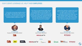OUR CLIENTS LEVERAGE US, HELP THEIR EMPLOYEES
H R Shashikant
President HR, ADITYA BIRLA GROUP
"... This would not have been possible
without your diligent and meticulous effort
to drive this initiative ... We look forward
towards your continuous focus and
support in enhancing employee wellness
experience in ABG."
Kartik Ganapathy
Senior Partner, INDUSLAW
"The check-up conducted by Health
Vectors was professionally run and
managed, and accomplished with
minimal disruption to our business. The
analysis, results and presentation of
information was useful, comprehensible
and recognized as being very well done
not only by us, but also by third party
healthcare providers that some of us
consulted."
Srinivas Bhogle
Director & Country Head, TEOCO
"I admire their attention to detail, their
strong focus on hygiene, their medical
examination and data collection process,
their documentation that provides insight
and tips ,their detailed analytics with their
clever ranking schemes, their
mathematical models , their respect for
privacy, their professional touch, and
above all cheerful demeanor."
 