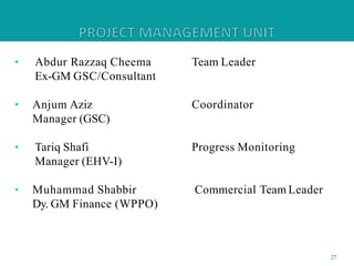 • Abdur Razzaq Cheema
Ex-GM GSC/Consultant
Team Leader
• Anjum Aziz
Manager (GSC)
Coordinator
• Tariq Shafi
Manager (EHV-I)
Progress Monitoring
• Muhammad Shabbir
Dy. GM Finance (WPPO)
Commercial Team Leader
27
 