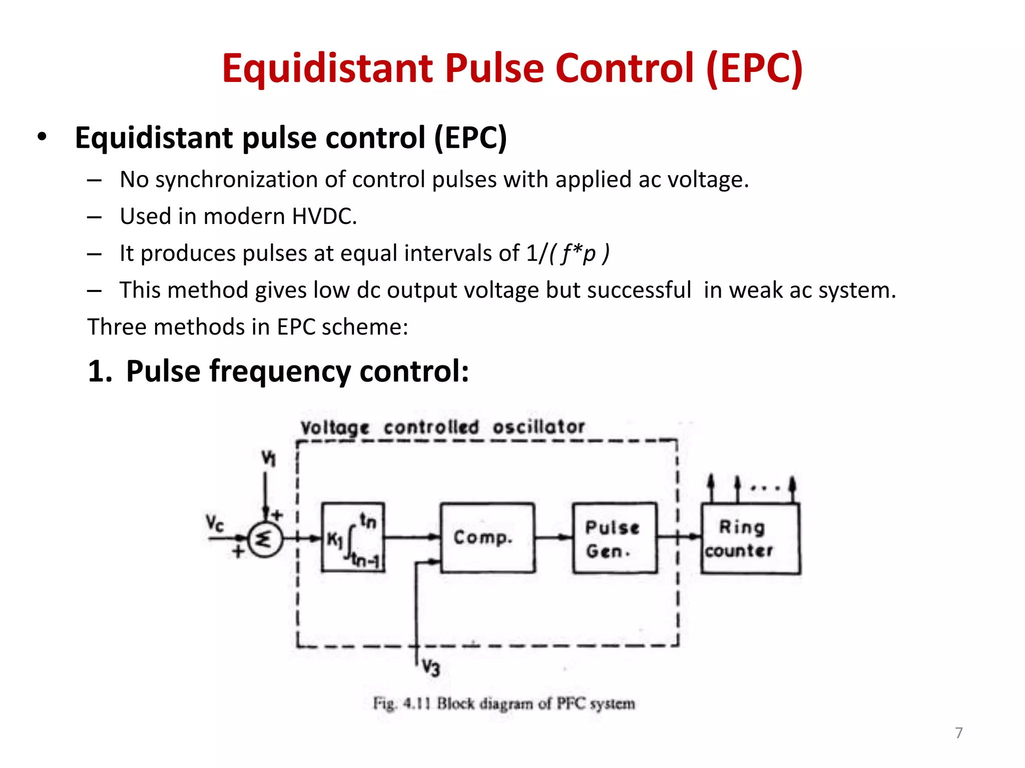 Equidistant Pulse Control (EPC)
• Equidistant pulse control (EPC)
– No synchronization of control pulses with applied ac voltage.
– Used in modern HVDC.
– It produces pulses at equal intervals of 1/( f*p )
– This method gives low dc output voltage but successful in weak ac system.
Three methods in EPC scheme:
1. Pulse frequency control:
7
 