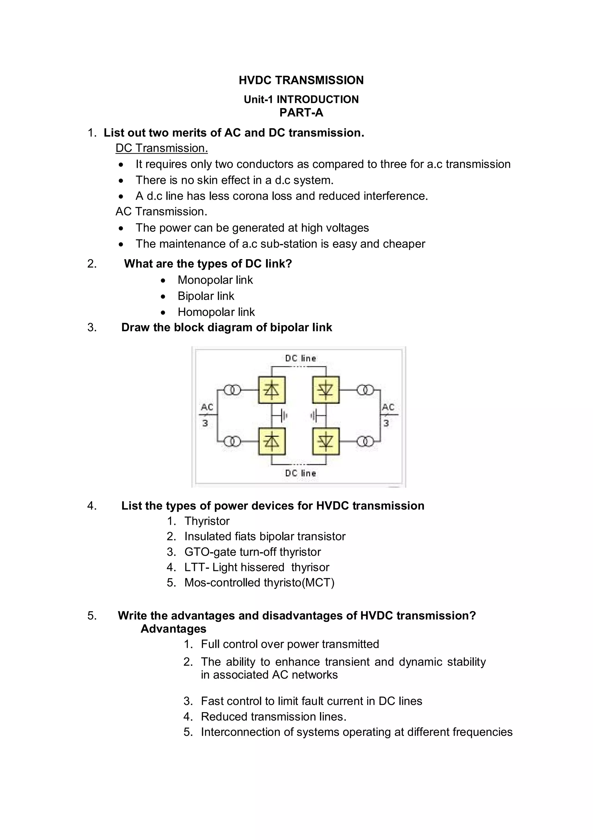 High Voltage Direct Current Transmission Systems 2Mark Materials | PDF
