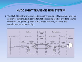 HVDC LIGHT TRANSMISSION SYSTEM
 The HVDC Light transmission system mainly consists of two cables and two
converter stations. Each converter station is composed of a voltage source
converter (VSC) built up with IGBTs, phase reactors, ac filters and
transformer, as shown in Fig.
 