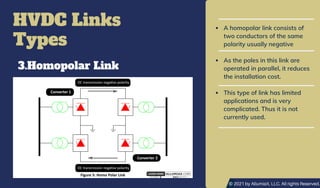 A homopolar link consists of
two conductors of the same
polarity usually negative
As the poles in this link are
operated in parallel, it reduces
the installation cost.
This type of link has limited
applications and is very
complicated. Thus it is not
currently used.
HVDC Links
Types
3.Homopolar Link
© 2021 by AllumiaX, LLC. All rights Reserved.
 