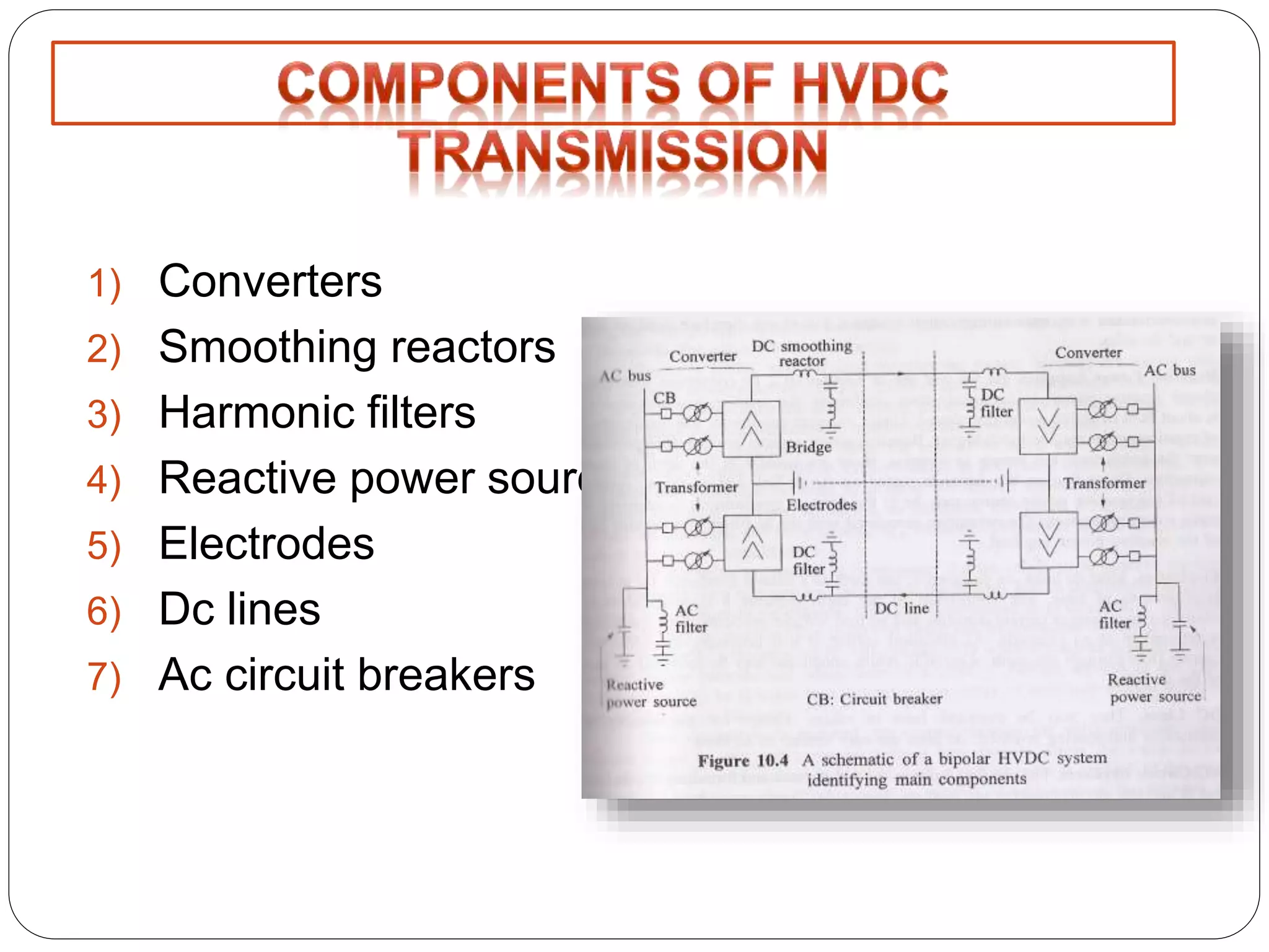 1) Converters 
2) Smoothing reactors 
3) Harmonic filters 
4) Reactive power source 
5) Electrodes 
6) Dc lines 
7) Ac circuit breakers 
 