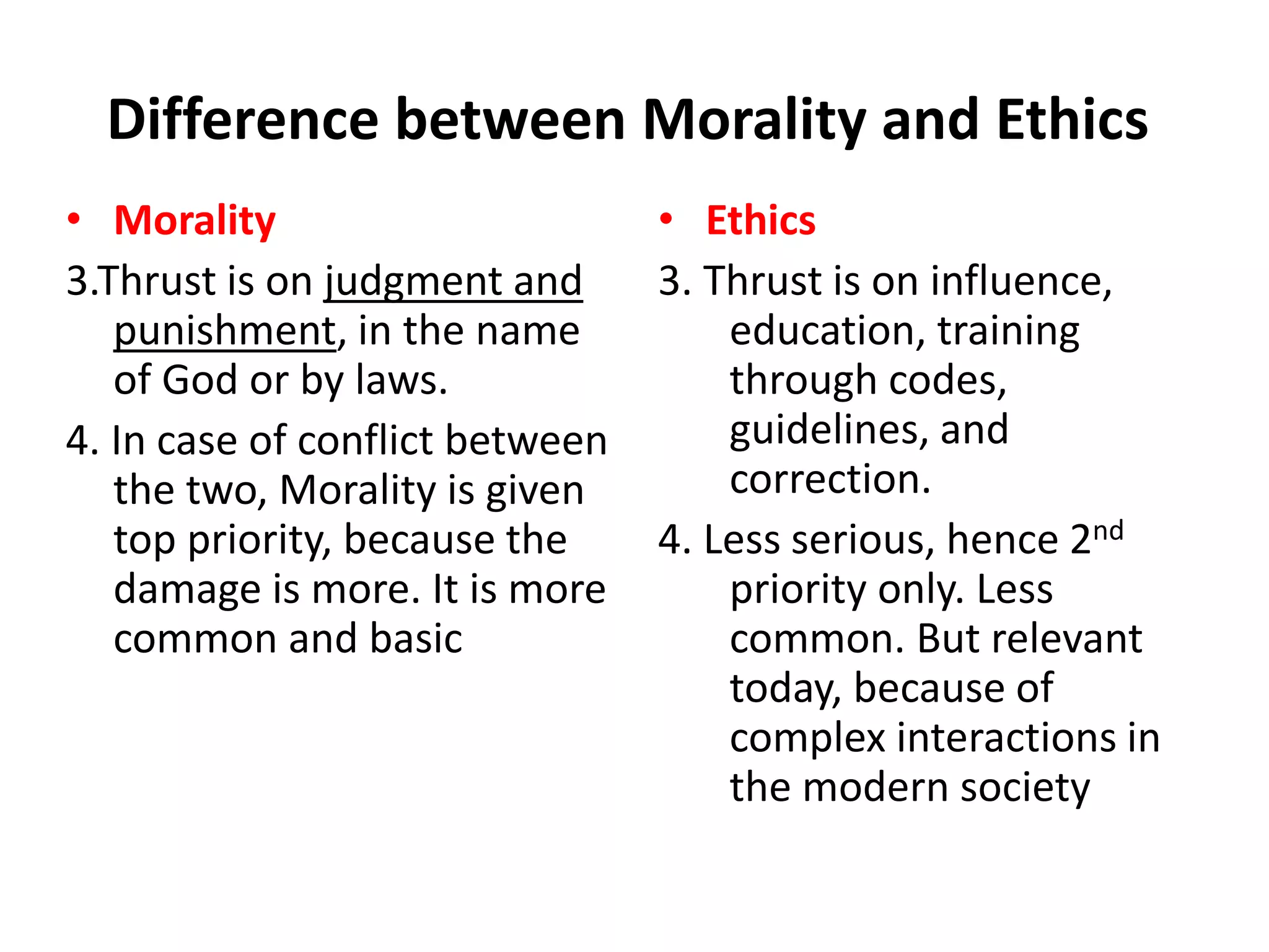 Difference between Morality and Ethics
• Morality
3.Thrust is on judgment and
punishment, in the name
of God or by laws.
4. In case of conflict between
the two, Morality is given
top priority, because the
damage is more. It is more
common and basic
• Ethics
3. Thrust is on influence,
education, training
through codes,
guidelines, and
correction.
4. Less serious, hence 2nd
priority only. Less
common. But relevant
today, because of
complex interactions in
the modern society
 