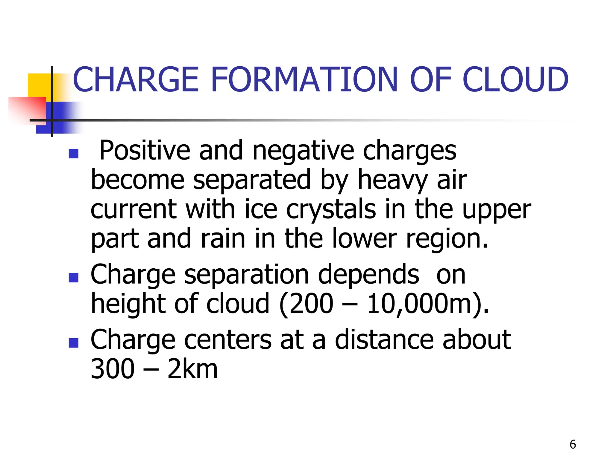 6
CHARGE FORMATION OF CLOUD
 Positive and negative charges
become separated by heavy air
current with ice crystals in the upper
part and rain in the lower region.
 Charge separation depends on
height of cloud (200 – 10,000m).
 Charge centers at a distance about
300 – 2km
 
