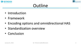 Outline
• Introduction
• Framework
• Encoding options and omnidirectional HAS
• Standardization overview
• Conclusion
Janu...
