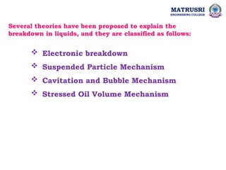 MATRUSRI
ENGINEERING COLLEGE
Several theories have been proposed to explain the
breakdown in liquids, and they are classified as follows:
 Electronic breakdown
 Suspended Particle Mechanism
 Cavitation and Bubble Mechanism
 Stressed Oil Volume Mechanism
 