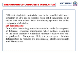 MATRUSRI
ENGINEERING COLLEGE
BREAKDOWN OF COMPOSITE INSULATION
Different dieelctric materials can be in parallel with each
other(air or SF6 gas in parallel with solid insulation) or in
series with one other. Such insulating systems are called
composite dielectrics.
BD mechanism:
Composite insulating materials contain voids & composed
of different chemical substances when voltage is applied
to the solid dielectric, chemical reactions occure and heat
is produced. Composite dielectric undergoes chemical
deterioration & reduces the mechanical, electrical strength
and BD occures.
 