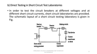b) Direct Testing in Short Circuit Test Laboratories
• In order to test the circuit breakers at different voltages and at
different short circuit currents, short circuit laboratories are provided.
The schematic layout of a short circuit testing laboratory is given in
Fig.
27
KONGUNADU COLLEGE OF ENGINEERING AND TECHNOLOGY
(AUTONOMOUS)
 