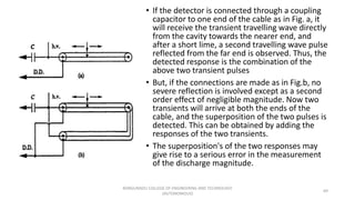 • If the detector is connected through a coupling
capacitor to one end of the cable as in Fig. a, it
will receive the transient travelling wave directly
from the cavity towards the nearer end, and
after a short lime, a second travelling wave pulse
reflected from the far end is observed. Thus, the
detected response is the combination of the
above two transient pulses
• But, if the connections are made as in Fig.b, no
severe reflection is involved except as a second
order effect of negligible magnitude. Now two
transients will arrive at both the ends of the
cable, and the superposition of the two pulses is
detected. This can be obtained by adding the
responses of the two transients.
• The superposition's of the two responses may
give rise to a serious error in the measurement
of the discharge magnitude.
69
KONGUNADU COLLEGE OF ENGINEERING AND TECHNOLOGY
(AUTONOMOUS)
 
